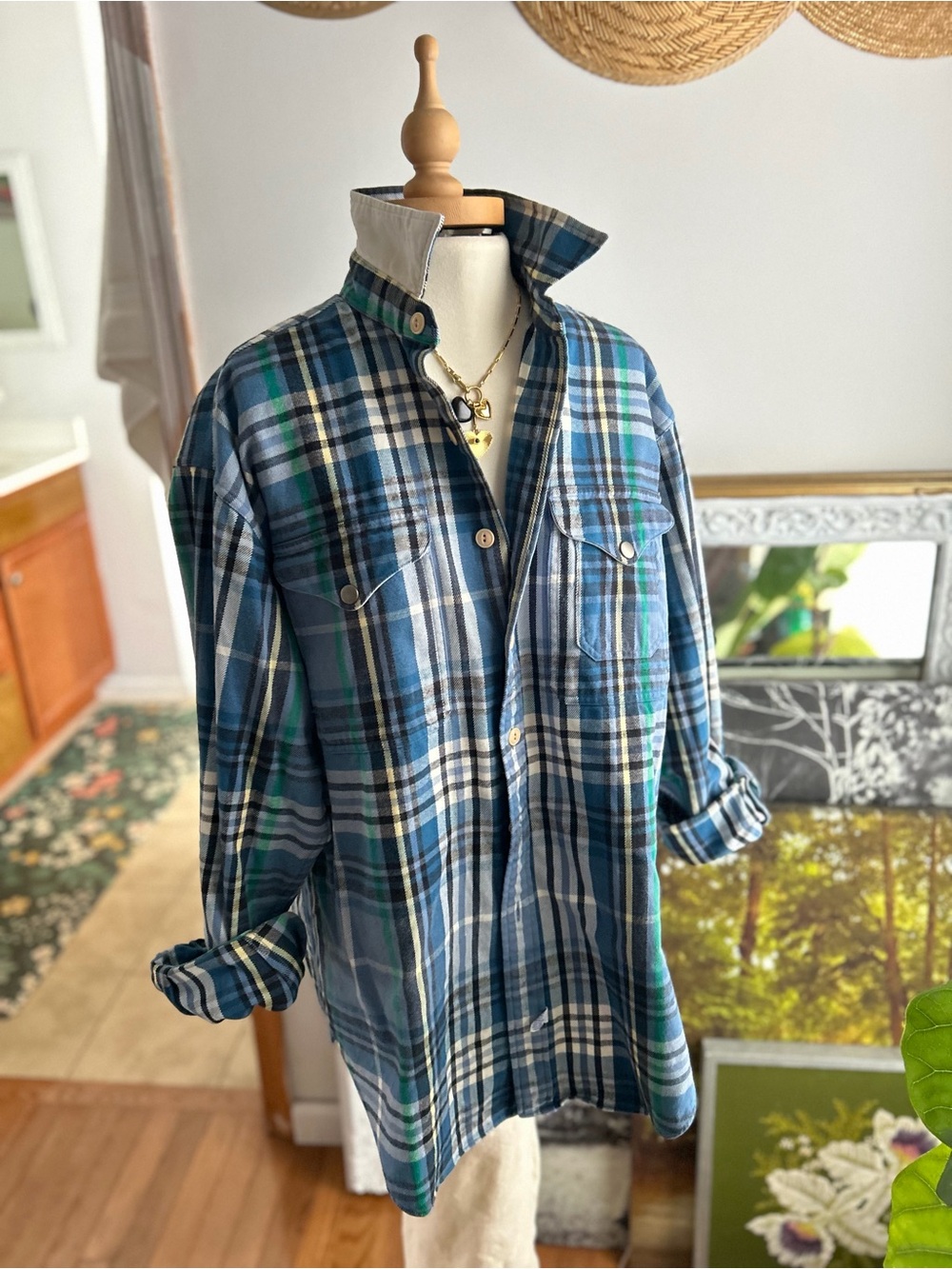 Ralph Lauren Traveler Top Blue White Green Plaid Button-Up Shirt Sz large